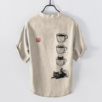 Buddha Stones Cotton Stacked Cups Cat Pattern Men's Short Sleeve Half Button Shirt - image 1