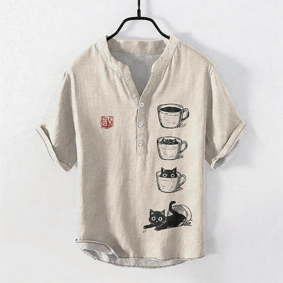 Buddha Stones Cotton Stacked Cups Cat Pattern Men's Short Sleeve Half Button Shirt - Beige - US/UK/AU50，EU60 (5XL) - image 0