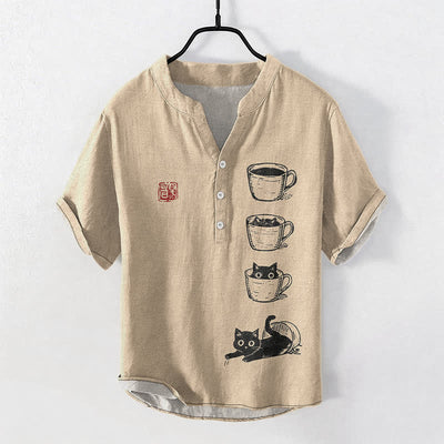Buddha Stones Cotton Stacked Cups Cat Pattern Men's Short Sleeve Half Button Shirt - Tan - US/UK/AU50，EU60 (5XL) - image 5