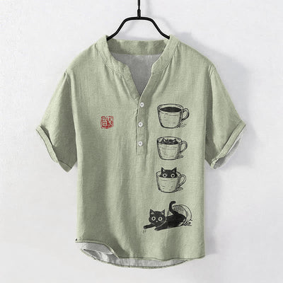 Buddha Stones Cotton Stacked Cups Cat Pattern Men's Short Sleeve Half Button Shirt - DarkSeaGreen - US/UK/AU50，EU60 (5XL) - image 7