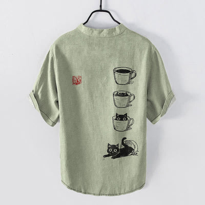 Buddha Stones Cotton Stacked Cups Cat Pattern Men's Short Sleeve Half Button Shirt - image 8