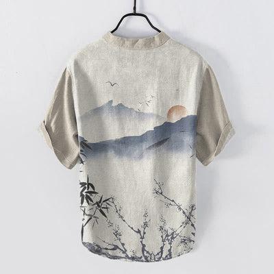 Buddha Stones Cotton Ink Mountain Sun Pattern Men's Short Sleeve Half Button Shirt - image 1