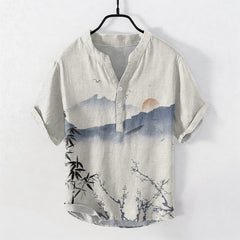 Buddha Stones Cotton Ink Mountain Sun Pattern Men's Short Sleeve Half Button Shirt - Beige - US/UK/AU50，EU60 (5XL) - image 0