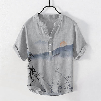 Buddha Stones Cotton Ink Mountain Sun Pattern Men's Short Sleeve Half Button Shirt - LightGrey - US/UK/AU50，EU60 (5XL) - image 5