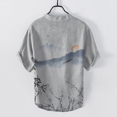 Buddha Stones Cotton Ink Mountain Sun Pattern Men's Short Sleeve Half Button Shirt - image 6
