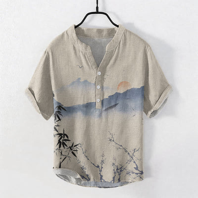 Buddha Stones Cotton Ink Mountain Sun Pattern Men's Short Sleeve Half Button Shirt - Tan - US/UK/AU50，EU60 (5XL) - image 3