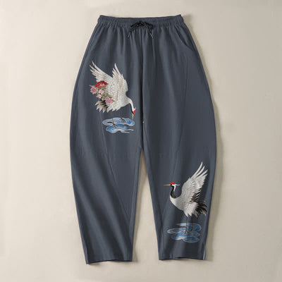 Buddha Stones Pure Cotton Red Crown Crane Pattern Drawstring Men's Tapered Pants With Pockets - image 2