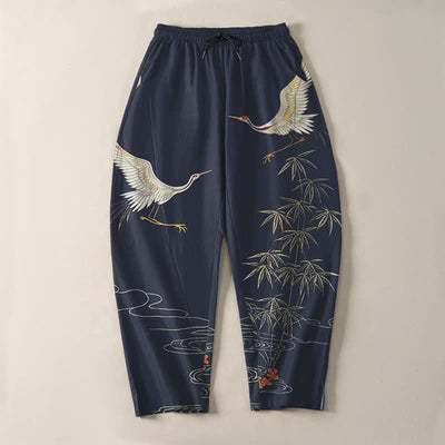 Buddha Stones Pure Cotton Crane Bamboo Wave Pattern Drawstring Men's Tapered Pants With Pockets - image 9