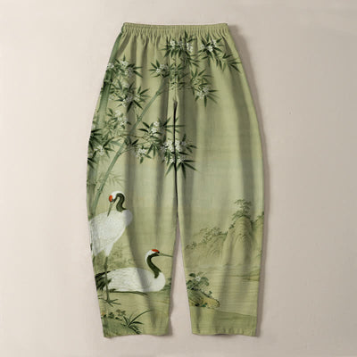 Buddha Stones Pure Cotton Crane Bamboo Landscape Pattern Drawstring Men's Tapered Pants With Pockets - image 14