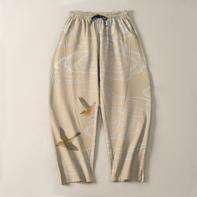 Buddha Stones Pure Cotton Auspicious Cloud Bird Pattern Drawstring Men's Tapered Pants With Pockets - image 2