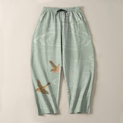 Buddha Stones Pure Cotton Auspicious Cloud Bird Pattern Drawstring Men's Tapered Pants With Pockets - image 13