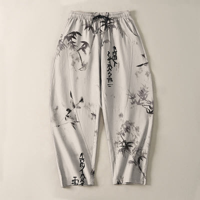 Buddha Stones Pure Cotton Ink Bamboo Calligraphy Pattern Drawstring Men's Tapered Pants With Pockets - image 2