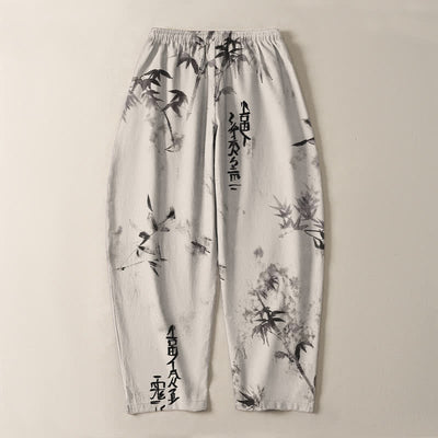Buddha Stones Pure Cotton Ink Bamboo Calligraphy Pattern Drawstring Men's Tapered Pants With Pockets - image 3