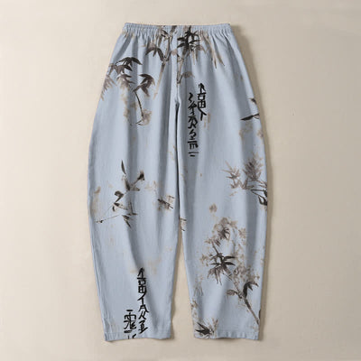 Buddha Stones Pure Cotton Ink Bamboo Calligraphy Pattern Drawstring Men's Tapered Pants With Pockets - image 10