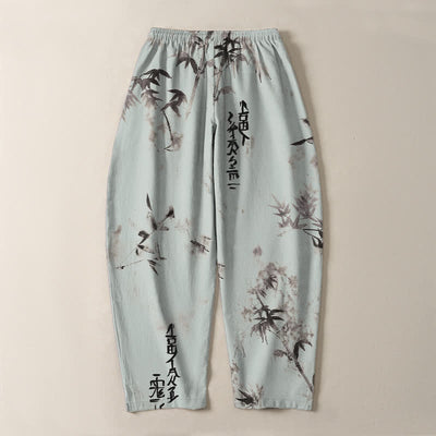 Buddha Stones Pure Cotton Ink Bamboo Calligraphy Pattern Drawstring Men's Tapered Pants With Pockets - image 14