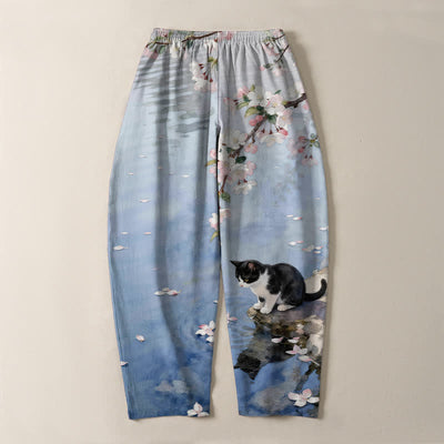 Buddha Stones Pure Cotton Sakura Cat Water Reflection Pattern Drawstring Men's Tapered Pants With Pockets - image 3
