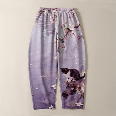 Buddha Stones Pure Cotton Sakura Cat Water Reflection Pattern Drawstring Men's Tapered Pants With Pockets - image 14