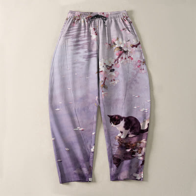 Buddha Stones Pure Cotton Sakura Cat Water Reflection Pattern Drawstring Men's Tapered Pants With Pockets - image 13