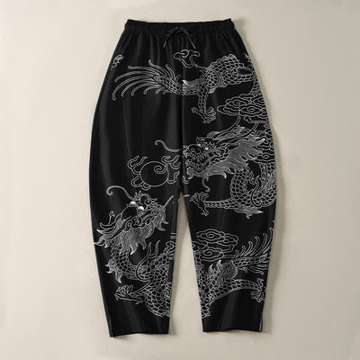 Buddha Stones Pure Cotton Imperial Dragon Pattern Drawstring Men's Tapered Pants With Pockets - image 2
