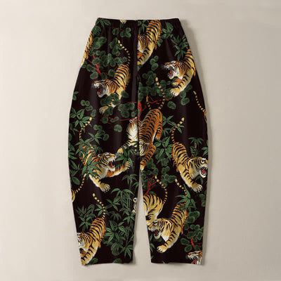 Buddha Stones Pure Cotton Tiger Bamboo Leaf Pattern Drawstring Men's Tapered Pants With Pockets - image 10