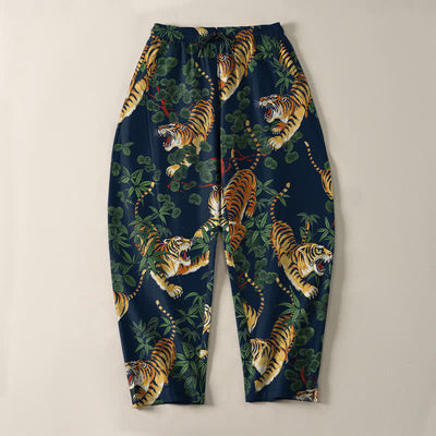 Buddha Stones Pure Cotton Tiger Bamboo Leaf Pattern Drawstring Men's Tapered Pants With Pockets - image 13