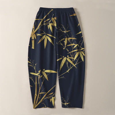 Buddha Stones Pure Cotton Golden Bamboo Pattern Drawstring Men's Tapered Pants With Pockets - image 3
