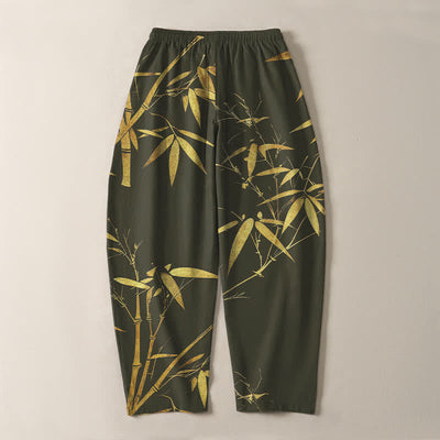 Buddha Stones Pure Cotton Golden Bamboo Pattern Drawstring Men's Tapered Pants With Pockets - image 14