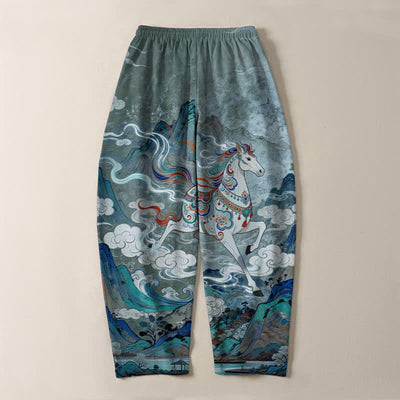 Buddha Stones Pure Cotton Running White Horse Pattern Drawstring Men's Tapered Pants With Pockets - image 10