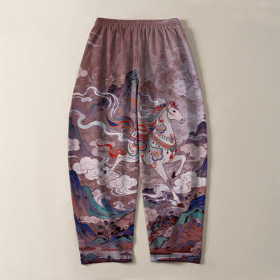 Buddha Stones Pure Cotton Running White Horse Pattern Drawstring Men's Tapered Pants With Pockets - image 14