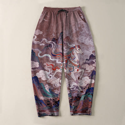 Buddha Stones Pure Cotton Running White Horse Pattern Drawstring Men's Tapered Pants With Pockets - image 13