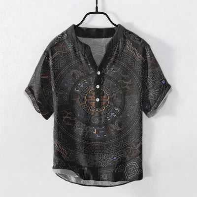 Buddha Stones Cotton Tribal Mandala Pattern Men's Short Sleeve Half Button Shirt - Black - US/UK/AU50，EU60 (5XL) - image 0