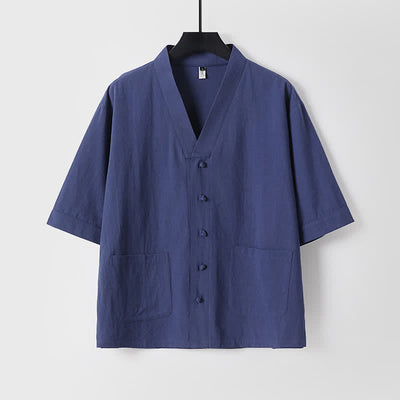 Buddha Stones 2Pcs Summer Tang Style Mandarin Collar Drawstring Solid Short Sleeve Shirt Pants Men's Meditation Cloth With Pockets - image 19