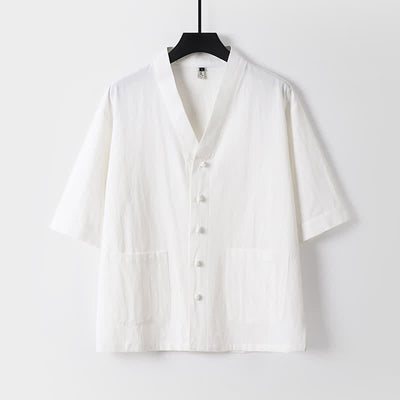 Buddha Stones 2Pcs Summer Tang Style Mandarin Collar Drawstring Solid Short Sleeve Shirt Pants Men's Meditation Cloth With Pockets - image 1