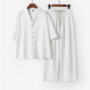 Foviel 2Pcs Summer Tang Style Mandarin Collar Drawstring Solid Short Sleeve Shirt Pants Men's Meditation Cloth With Pockets