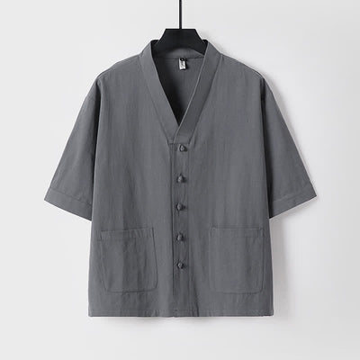 Buddha Stones 2Pcs Summer Tang Style Mandarin Collar Drawstring Solid Short Sleeve Shirt Pants Men's Meditation Cloth With Pockets - image 9
