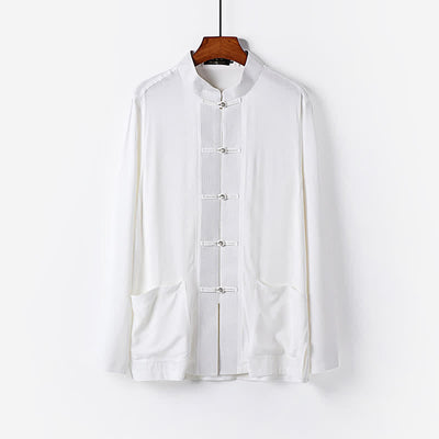 Buddha Stones 2Pcs Spring Tang Style Mandarin Collar Frog Button Solid Long Sleeve Shirt Pants Men's Meditation Cloth With Pockets - image 18