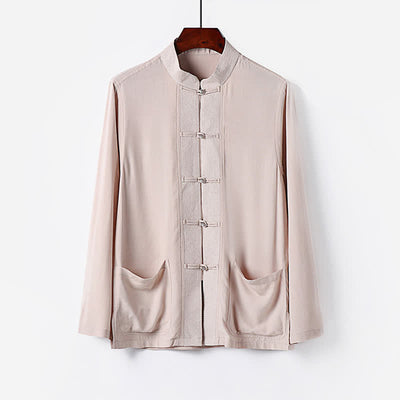 Buddha Stones 2Pcs Spring Tang Style Mandarin Collar Frog Button Solid Long Sleeve Shirt Pants Men's Meditation Cloth With Pockets - image 1
