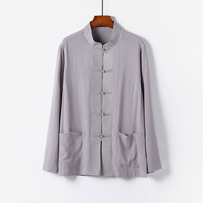Buddha Stones 2Pcs Spring Tang Style Mandarin Collar Frog Button Solid Long Sleeve Shirt Pants Men's Meditation Cloth With Pockets - image 10