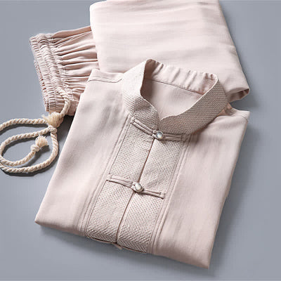 Buddha Stones 2Pcs Spring Tang Style Mandarin Collar Frog Button Solid Long Sleeve Shirt Pants Men's Meditation Cloth With Pockets - image 3
