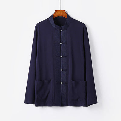 Buddha Stones 2Pcs Spring Tang Style Mandarin Collar Frog Button Solid Long Sleeve Shirt Pants Men's Meditation Cloth With Pockets - image 15