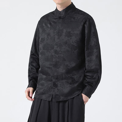 Buddha Stones Fall Elegant Tang Style Mandarin Collar Floral Men's Long Sleeve Shirts - image 5