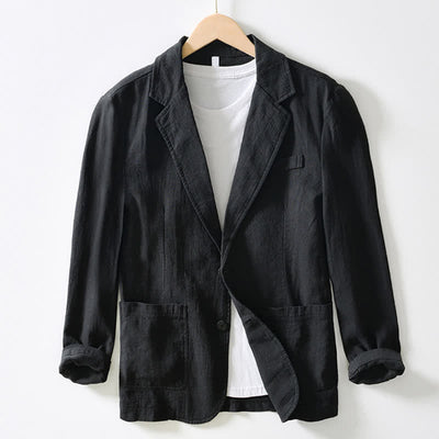 Buddha Stones Spring Fall Casual Minimalist Ramie Cotton Lapel Solid Men's Jacket With Pockets - Black - US/UK/AU44，EU54 (4XL) - image 4