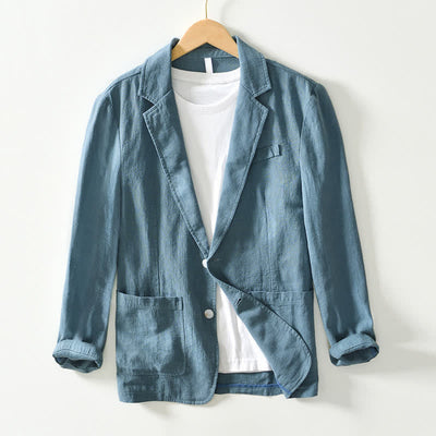 Buddha Stones Spring Fall Casual Minimalist Ramie Cotton Lapel Solid Men's Jacket With Pockets - CadetBlue - US/UK/AU44，EU54 (4XL) - image 16