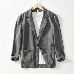 Buddha Stones Spring Fall Casual Minimalist Ramie Cotton Lapel Solid Men's Jacket With Pockets - DimGray - US/UK/AU44，EU54 (4XL) - image 0