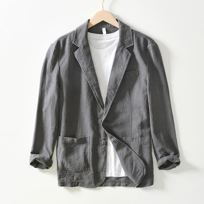 Buddha Stones Spring Fall Casual Minimalist Ramie Cotton Lapel Solid Men's Jacket With Pockets - DimGray - US/UK/AU44，EU54 (4XL) - image 0