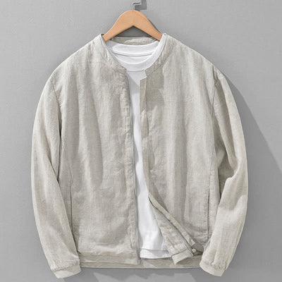 Buddha Stones Spring Summer Casual Minimalist Mandarin Collar Zipper Design Solid Men's Jacket With Pockets - Beige - US/UK/AU42，EU52 (3XL) - image 0
