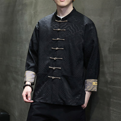 Buddha Stones Fall Winter Tang Style Elegant Mandarin Collar Abstract Wave Pattern Frog Button Men's Jacket With Pockets - image 17