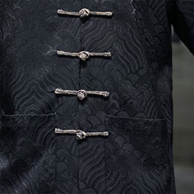 Buddha Stones Fall Winter Tang Style Elegant Mandarin Collar Abstract Wave Pattern Frog Button Men's Jacket With Pockets - image 22