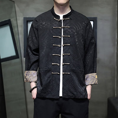 Buddha Stones Fall Winter Tang Style Elegant Mandarin Collar Abstract Wave Pattern Frog Button Men's Jacket With Pockets - Black - US/UK/AU46，EU56 (5XL) - image 10