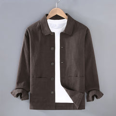 Buddha Stones Fall Casual Minimalist Solid Buttons Ramie Men's Jacket With Pockets - SaddleBrown - US/UK/AU42，EU52 (3XL) - image 0